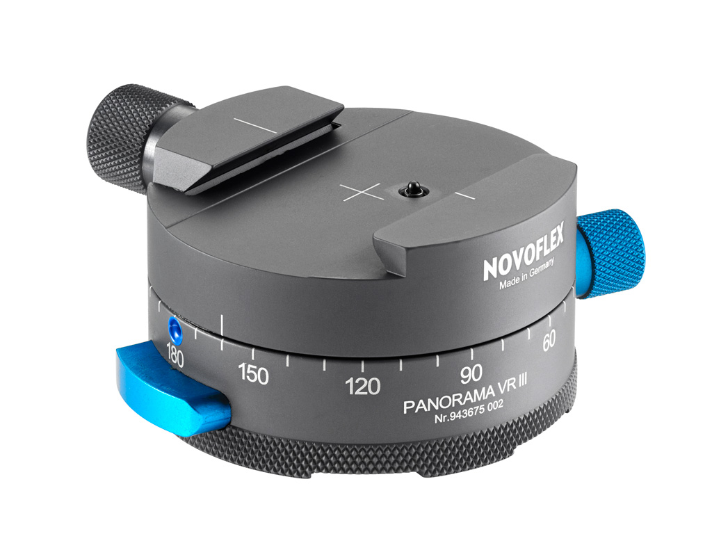 Panorama panning base w. quick-release unit 2x180° scaling; click stops 10° - anti twist milling